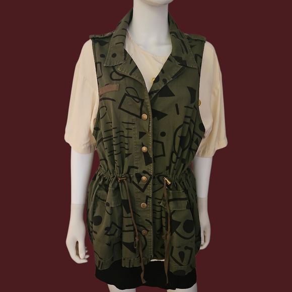 Vtg FOREVER 21 Army Green Abstract   Geometric Military Utility Vest - Picture 1 of 8